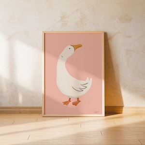 Goose Wall Art Pink Poster Girls Room Animal Nursery Decor Hand Drawn Print Whimsical Artwork Soft Boho Kids Bedroom Aesthetic Montessori