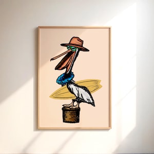 Arte murale con pellicano che fa surf per la cameretta dei bambini, decorazione per la cameretta dei bambini in stile costiero, poster stampabile con animali dell'oceano, stile Montessori, opera d'arte per genitori gentili