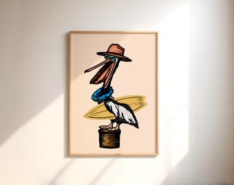 Pelican Surfing Wall Art for Kids Room Coastal Nursery Decor Ocean Animal Printable Poster Montessori Style Gentle Parenting Artwork