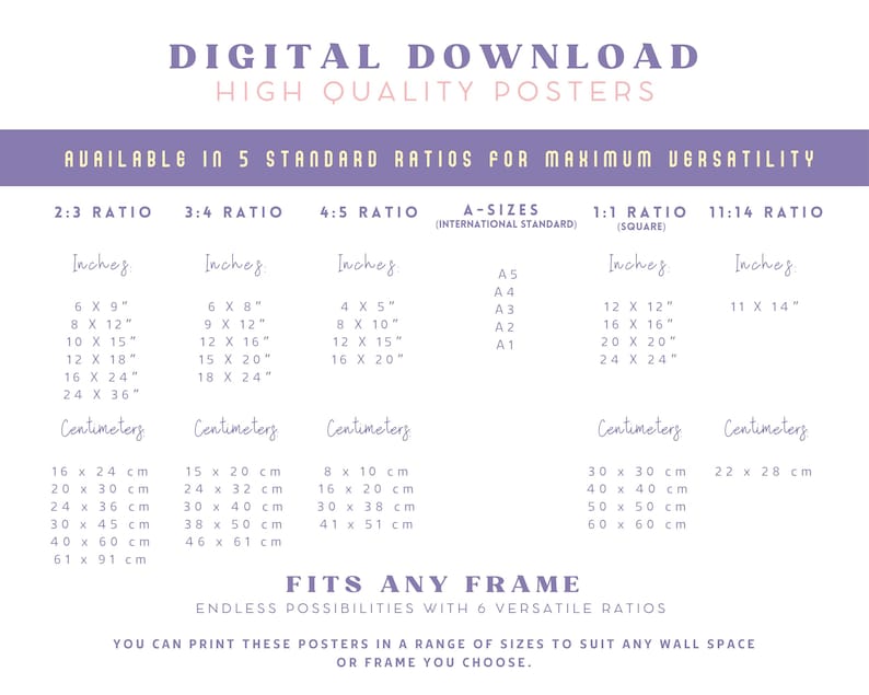 K&ouml;nnte beinhalten: Eine Tabelle, die verschiedene Standard-Seitenverh&auml;ltnisse f&uuml;r digitale Poster zeigt, darunter 2:3, 3:4, 4:5, 1:1 und 11:14. Die Tabelle listet die Abmessungen in Zoll und Zentimetern f&uuml;r jedes Seitenverh&auml;ltnis auf. Die Tabelle enth&auml;lt auch einen Abschnitt f&uuml;r A-Formate, die internationale Standard-Papierformate sind.