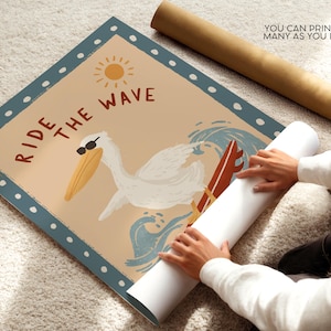 May include: A poster with a cartoon pelican wearing sunglasses and riding a surfboard on a wave. The poster has the words "RIDE THE WAVE" and a sun graphic. The poster is bordered with a blue dotted pattern.