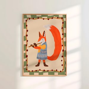 Könnte beinhalten: Eine skurrile Illustration eines Fuchses, der Flöte spielt. Der Fuchs trägt einen blau-weiß gemusterten Pullover und hat einen buschigen orangefarbenen Schwanz. Die Illustration ist mit einem grün-goldenen Rahmen versehen.