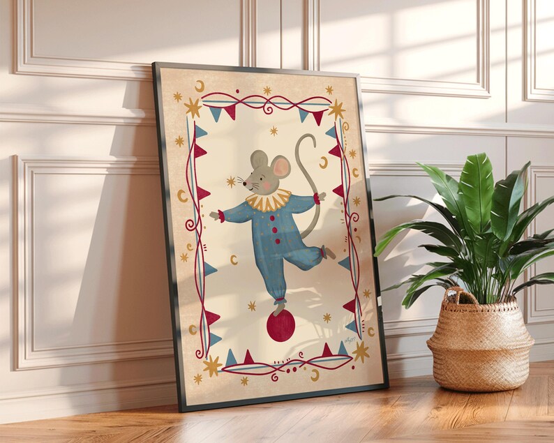 Hand painted circus animal illustration with vintage fairground details and classic storybook charm