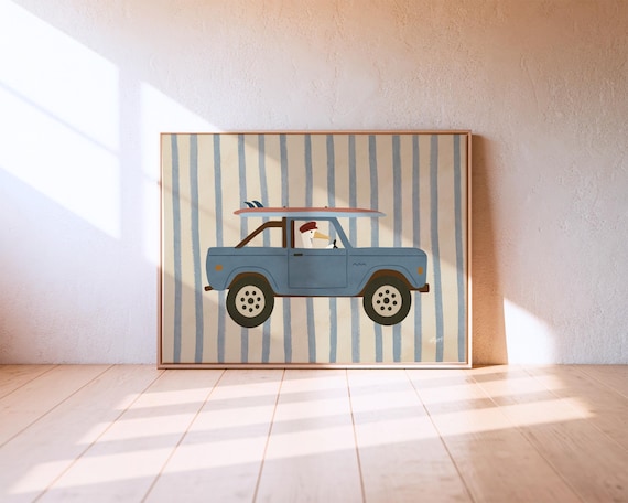 Surfer Pelican Surfboard In Blue Jeep Wall Art Vintage Car Beach Animal Poster Coastal Nursery Kids Room Decor Printable Montessori