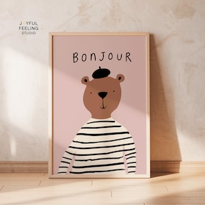 Französischer Bär Kinderzimmer Wandkunst Druckbares Kinderzimmer Dekor Handgezeichnete Illustration Pariser Stil Tier Poster Montessori Babyzimmer Kunstwerk