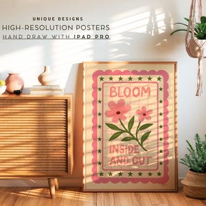 feminine retro aesthetic floral art print displayed by a window