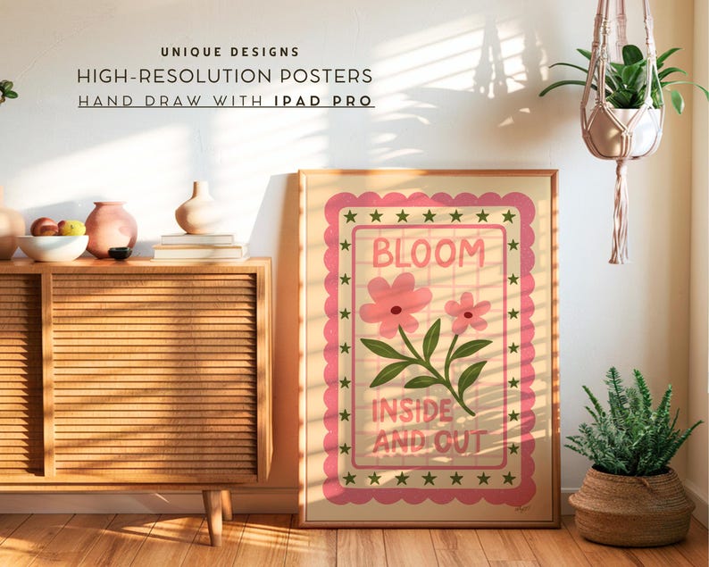 feminine retro aesthetic floral art print displayed by a window