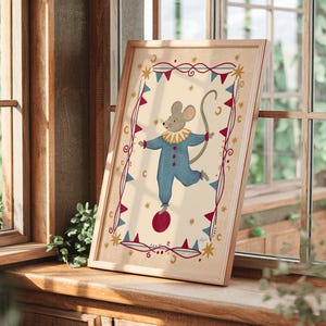 Storybook nursery art featuring a playful mouse balancing on a red circus ball surrounded by stars and banners
