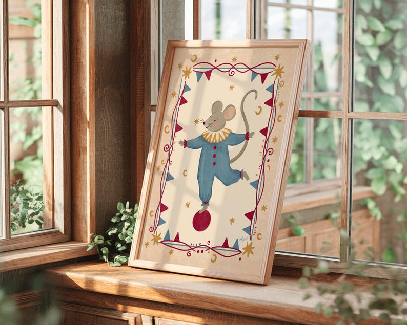 Storybook nursery art featuring a playful mouse balancing on a red circus ball surrounded by stars and banners