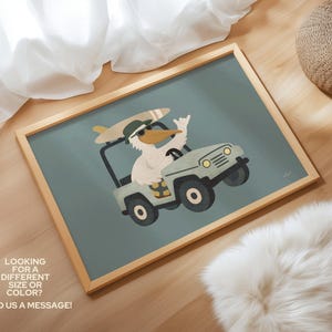 Pelican driving adventure car illustration, cute animal nursery art, soft neutral kids wall decor