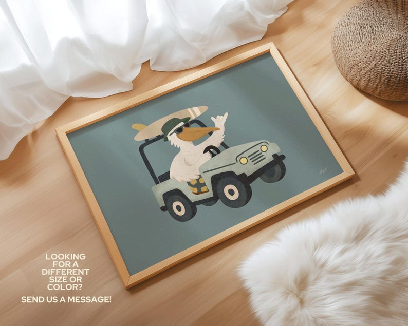 Pelican driving adventure car illustration, cute animal nursery art, soft neutral kids wall decor