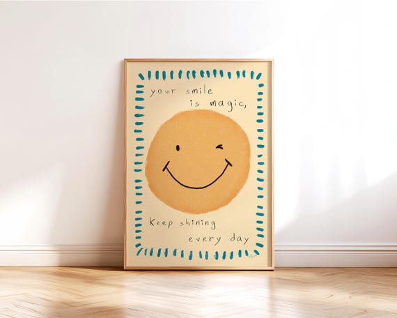 Smiley Face Poster Positive Wall Art for Kids Nursery Decor Playroom Quote Happy Toddler Bedroom Baby Room Printable Boho Minimal Montessori