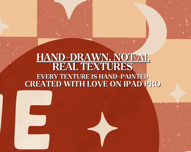 May include: Digital artwork in warm tones, featuring a large, rust-coloured shape with the letter "E" in white. The text "HAND-DRAWN. NOT AI. REAL TEXTURES" is displayed above, with text below stating that every texture is hand-painted on an iPad Pro.