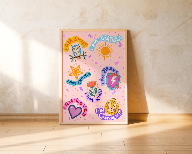Puede incluir: Un fondo rosa con ilustraciones coloridas de animales y flores. Las ilustraciones están rodeadas de texto que dice "Soy inteligente", "Soy agradecido", "Soy suficiente", "Soy amable", "Soy valiente", "Soy amado", "Soy seguro de mí mismo".