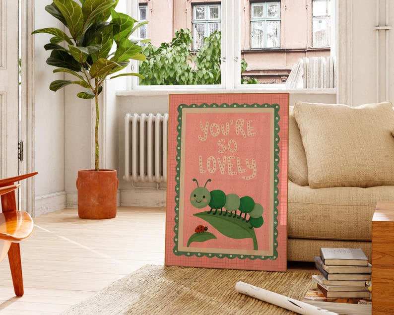 pink and green kids room print nature theme