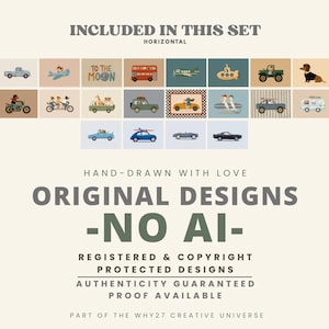 May include: A collection of twenty-five rectangular digital illustrations featuring various vehicles, animals, and the text TO THE MOON. The image includes text stating INCLUDED IN THIS SET, ORIGINAL DESIGNS -NO AI-, and REGISTERED & COPYRIGHT PROTECTED DESIGNS.