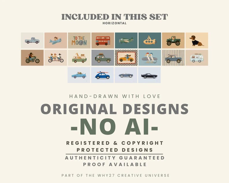 May include: A collection of twenty-five rectangular digital illustrations featuring various vehicles, animals, and the text TO THE MOON. The image includes text stating INCLUDED IN THIS SET, ORIGINAL DESIGNS -NO AI-, and REGISTERED & COPYRIGHT PROTECTED DESIGNS.