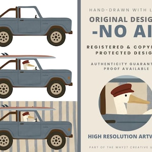 Pode incluir: Ilustra&ccedil;&atilde;o de uma pick-up azul com detalhes e rodas castanhas. Uma carrinha tem uma prancha de surf em cima, e um ganso com um bon&eacute; est&aacute; a conduzir. A imagem inclui o texto "HAND-DRAWN WITH LOVE, ORIGINAL DESIGNS -NO AI-".