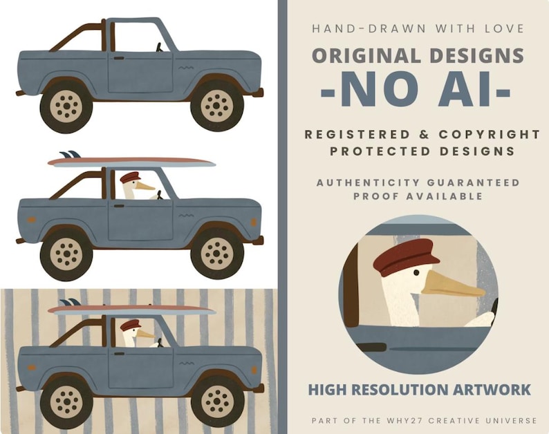 Pode incluir: Ilustra&ccedil;&atilde;o de uma pick-up azul com detalhes e rodas castanhas. Uma carrinha tem uma prancha de surf em cima, e um ganso com um bon&eacute; est&aacute; a conduzir. A imagem inclui o texto "HAND-DRAWN WITH LOVE, ORIGINAL DESIGNS -NO AI-".