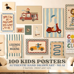 Peut inclure: Une collection d'affiches murales rectangulaires présentant diverses illustrations d'animaux, de véhicules et de textes tels que 'YOU CAN BE ANYTHING YOU WANT TO BE', 'LEGENDS IN THE MAKING' et 'COOL KIDS CLUB' disposées en galerie.