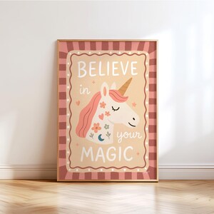 Boho unicorn wall art with pink tones for girls room decor and nursery