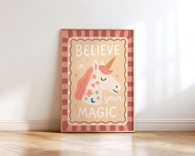 Boho unicorn wall art with pink tones for girls room decor and nursery