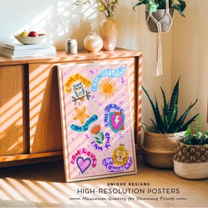 May include: A pink poster with colorful illustrations and text that says "I am smart", "I am grateful", "I am enough", "I am brave", "I am kind", "I am loved", and "I am confident".