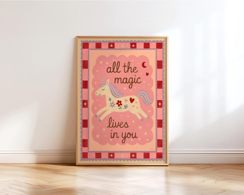 Unicorn wall art with inspirational quote in pink for girls room decor