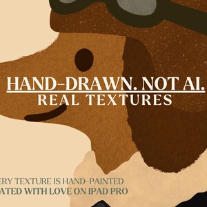 May include: Illustration of a brown dog wearing a vintage aviator helmet and goggles. The image includes the text "HAND-DRAWN. NOT AI. REAL TEXTURES" and "EVERY TEXTURE IS HAND-PAINTED CREATED WITH LOVE ON IPAD PRO".