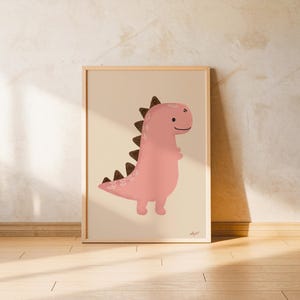 Pink Dinosaur Poster Boho Nursery Wall Art Scandi Kids Room Decor Cute Dino Print for Girls Hand Drawn Illustration Artwork Montessori Art