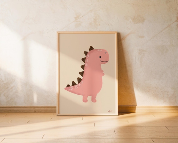 Pink Dinosaur Poster Boho Nursery Wall Art Scandi Kids Room Decor Cute Dino Print for Girls Hand Drawn Illustration Artwork Montessori Art