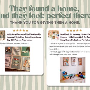 May include: The image showcases a collection of children's wall art prints. The prints feature various animal and vehicle illustrations in a playful style. The text on the image reads "They found a home, and they look perfect there."