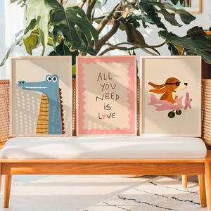 Digital nursery poster bundle showcasing animals, motivational quotes and whimsical artwork for kids