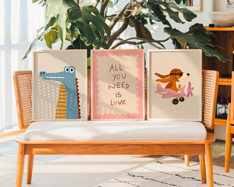 Digital nursery poster bundle showcasing animals, motivational quotes and whimsical artwork for kids