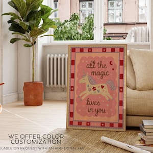 Hand-drawn unicorn artwork in pastel pink with stars and hearts