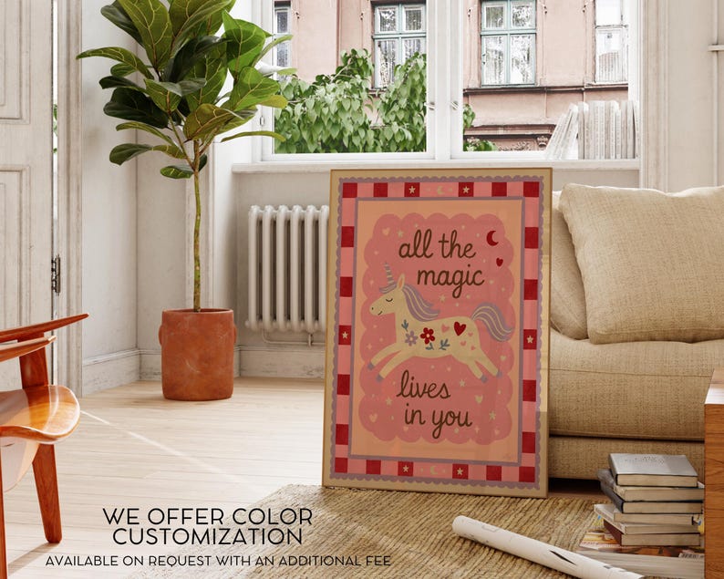 Hand-drawn unicorn artwork in pastel pink with stars and hearts