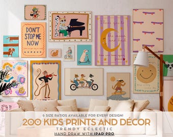Kids Poster Bundle Wall Art Set Playroom Decor Boho Nursery Prints Scandinavian Style Hand Drawn Illustrations Colorful Animal Artwork