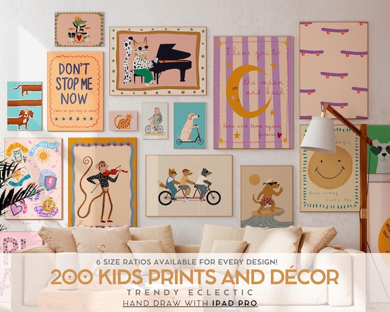 Kids Poster Bundle Wall Art Set Playroom Decor Boho Nursery Prints Scandinavian Style Hand Drawn Illustrations Colorful Animal Artwork