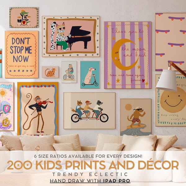 Kids Poster Bundle Wall Art Set Playroom Decor Boho Nursery Prints Scandinavian Style Hand Drawn Illustrations Colorful Animal Artwork