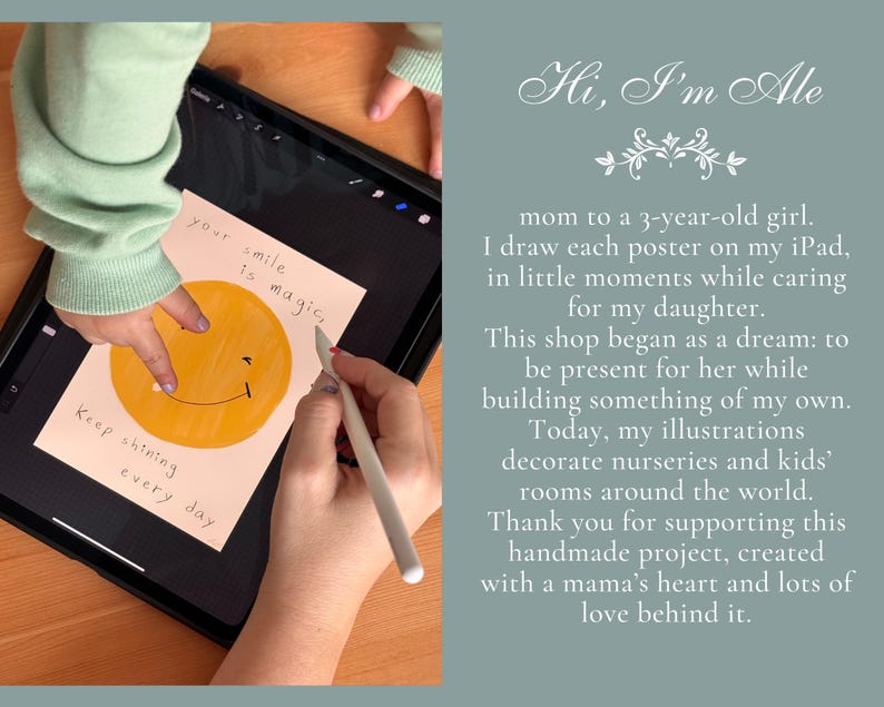 K&ouml;nnte beinhalten: Eine Hand zeichnet ein l&auml;chelndes Gesicht auf ein digitales Tablet. Der Bildschirm des Tablets zeigt eine digitale Illustration eines l&auml;chelnden Gesichts mit dem Text "your smile is magic, Keep shining every day".