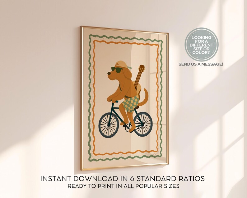 May include: A framed art print featuring a cartoon dog riding a bicycle, wearing sunglasses and a hat, with a guitar strapped to its back. The artwork has a beige background with a green and orange border. Text at the bottom reads: "INSTANT DOWNLOAD IN 6 STANDARD RATIOS READY TO PRINT IN ALL POPULAR SIZES."