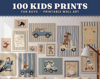 Peut inclure: Une collection de 100 affiches pour enfants, comprenant des illustrations murales imprimables d'animaux, de véhicules et de textes comme 'your smile lights up worlds', 'Bonjour la vie' et 'Ride the wave' dans des tons bleu, beige et blanc.