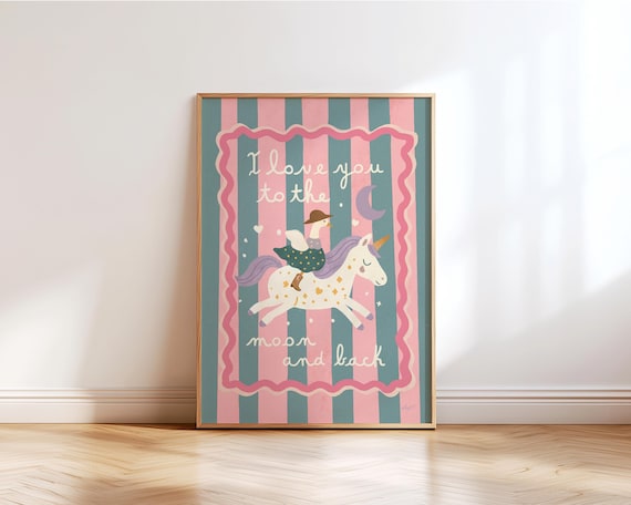 Whimsical Unicorn Wall Art Retro Kids Room Decor Magical Nursery Print Pastel Illustration Girl Bedroom Poster