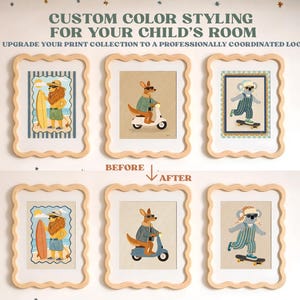 Puede incluir: Seis impresiones enmarcadas con ilustraciones de animales, incluyendo un león con una tabla de surf, un canguro en un scooter y un koala en monopatín. El texto dice "CUSTOM COLOR STYLING FOR YOUR CHILD'S ROOM". Los marcos tienen un borde ondulado.