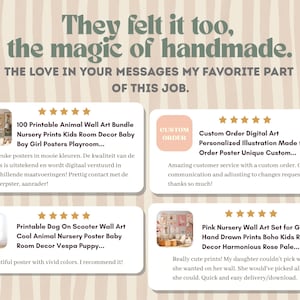 May include: Image featuring text: "They felt it too, the magic of handmade." and product descriptions for printable wall art bundles, custom digital art, and nursery decor. Includes customer reviews and product details.