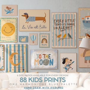 88 Animal Wall Art Prints For Kids Room Decor Blue Nursery Poster Set Printable Educational Playroom Bundle Whimsical Montessori Artwork