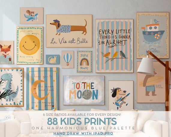 88 Animal Wall Art Prints For Kids Room Decor Blue Nursery Poster Set Printable Educational Playroom Bundle Whimsical Montessori Artwork