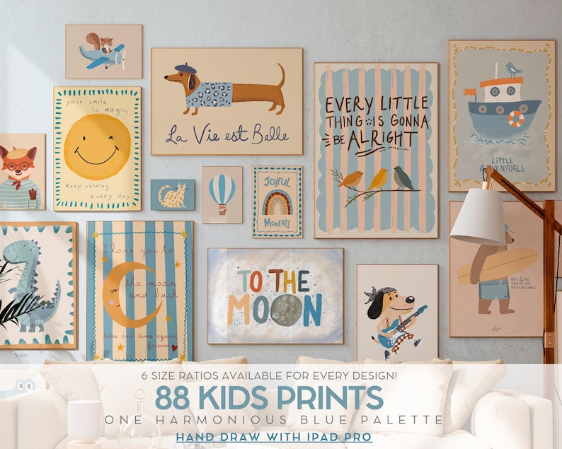 88 Animal Wall Art Prints For Kids Room Decor Blue Nursery Poster Set Printable Educational Playroom Bundle Whimsical Montessori Artwork