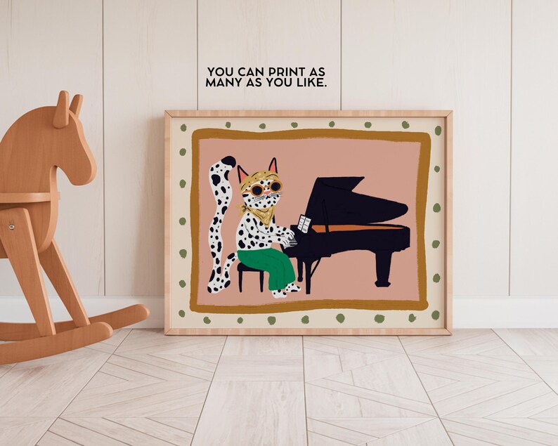 May include: A digital illustration of a spotted cat wearing sunglasses playing a black piano. The cat is wearing a green shirt and has a long tail. The background is a light pink color with a brown frame.