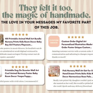 May include: A promotional image with text that reads "They felt it too, the magic of handmade." and "The love in your messages my favorite part of this job." The image showcases four product listings: animal wall art, custom digital art, dog on scooter wall art, and pink nursery wall art.